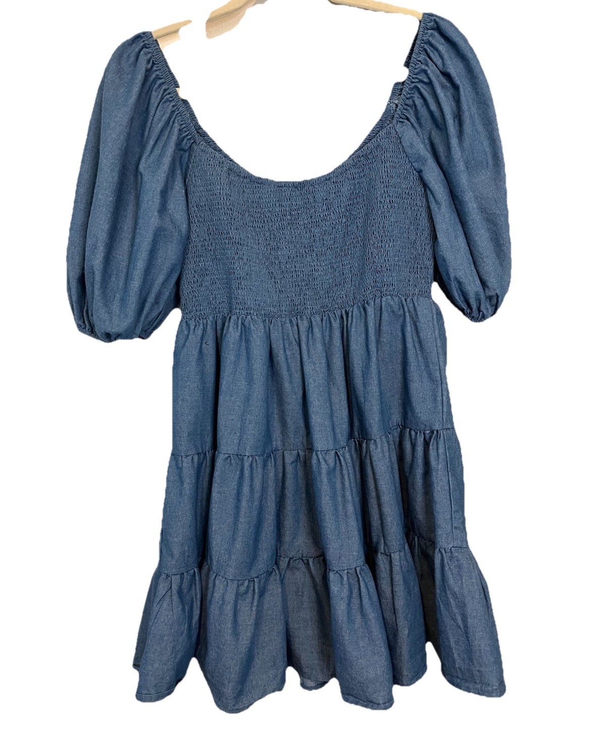 A. Calin by flying tomato Dress LARGE Short Balloon Sleeve Smocking Tiered Blue
