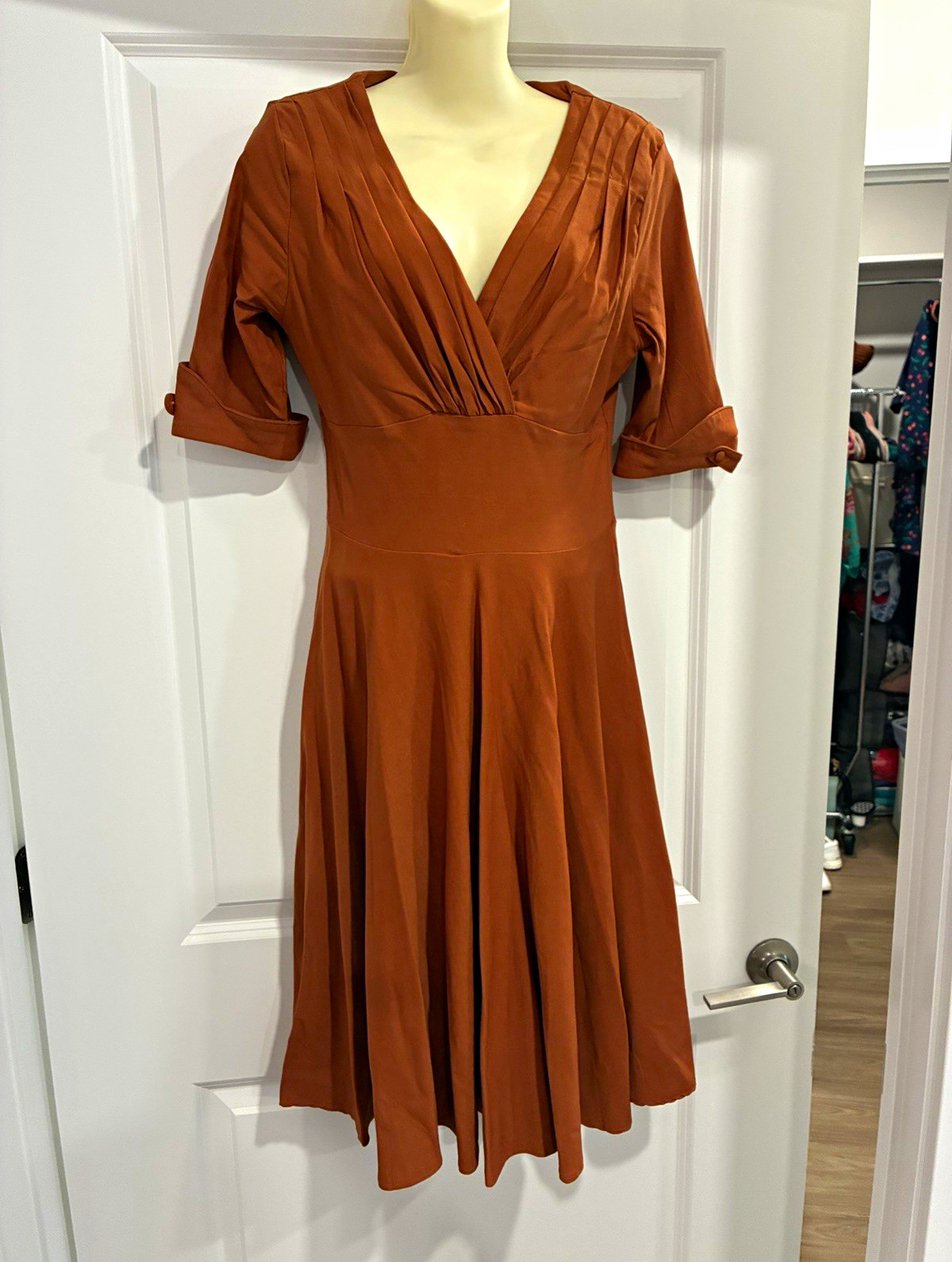 Unique Vintage Rust Faux Wrap Fit & Flare Midi Dress Size L Retro Cottagecore