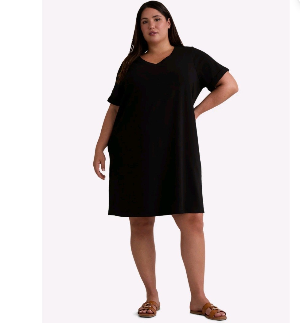 Terra and Sky Women’s Short Sleeve V neck T-shirt Dress, Size 2X 20W-22W Black