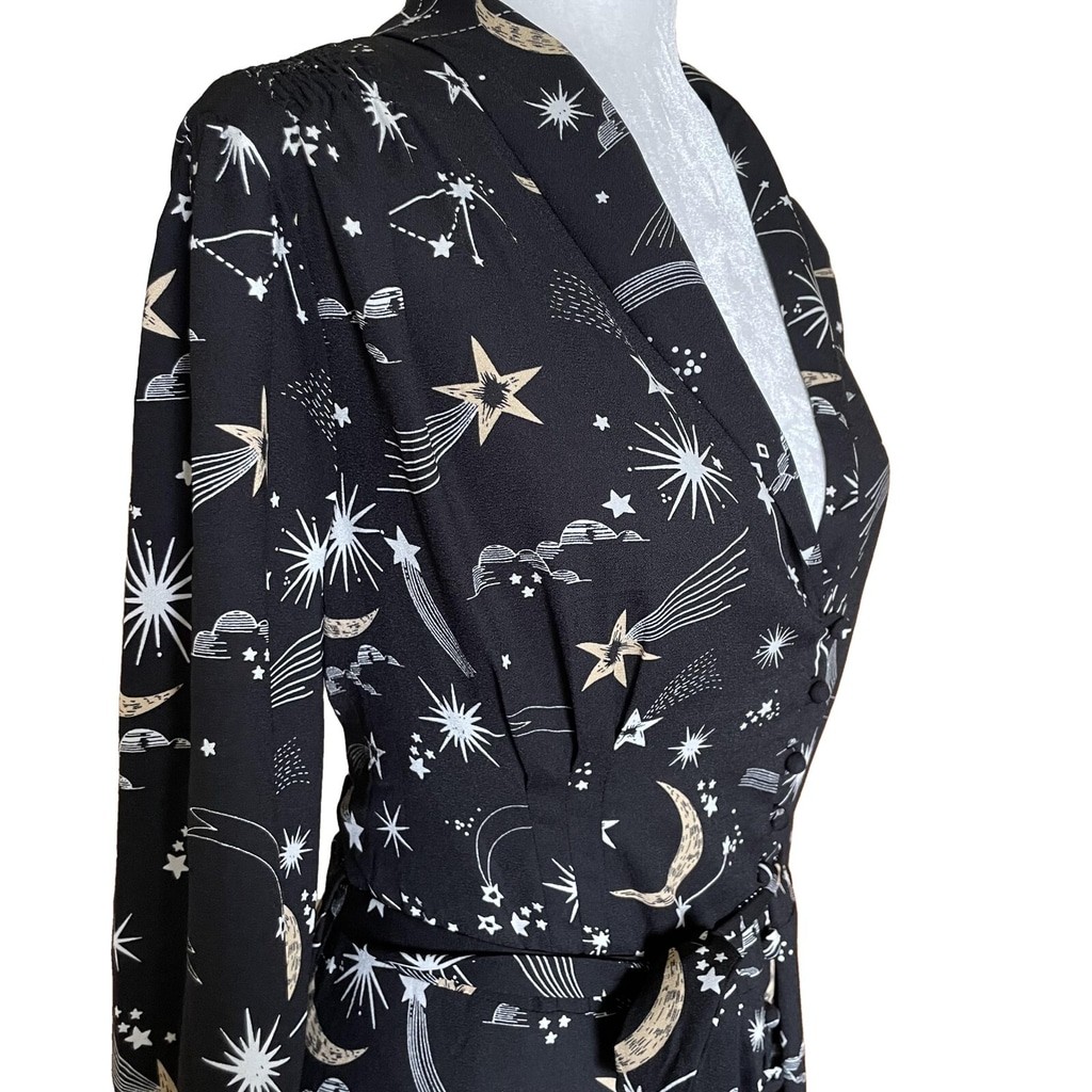 Joanie Babs Celestial Retro Black Moon Star Vneck Long Sleeve Midi Dress Sz 14