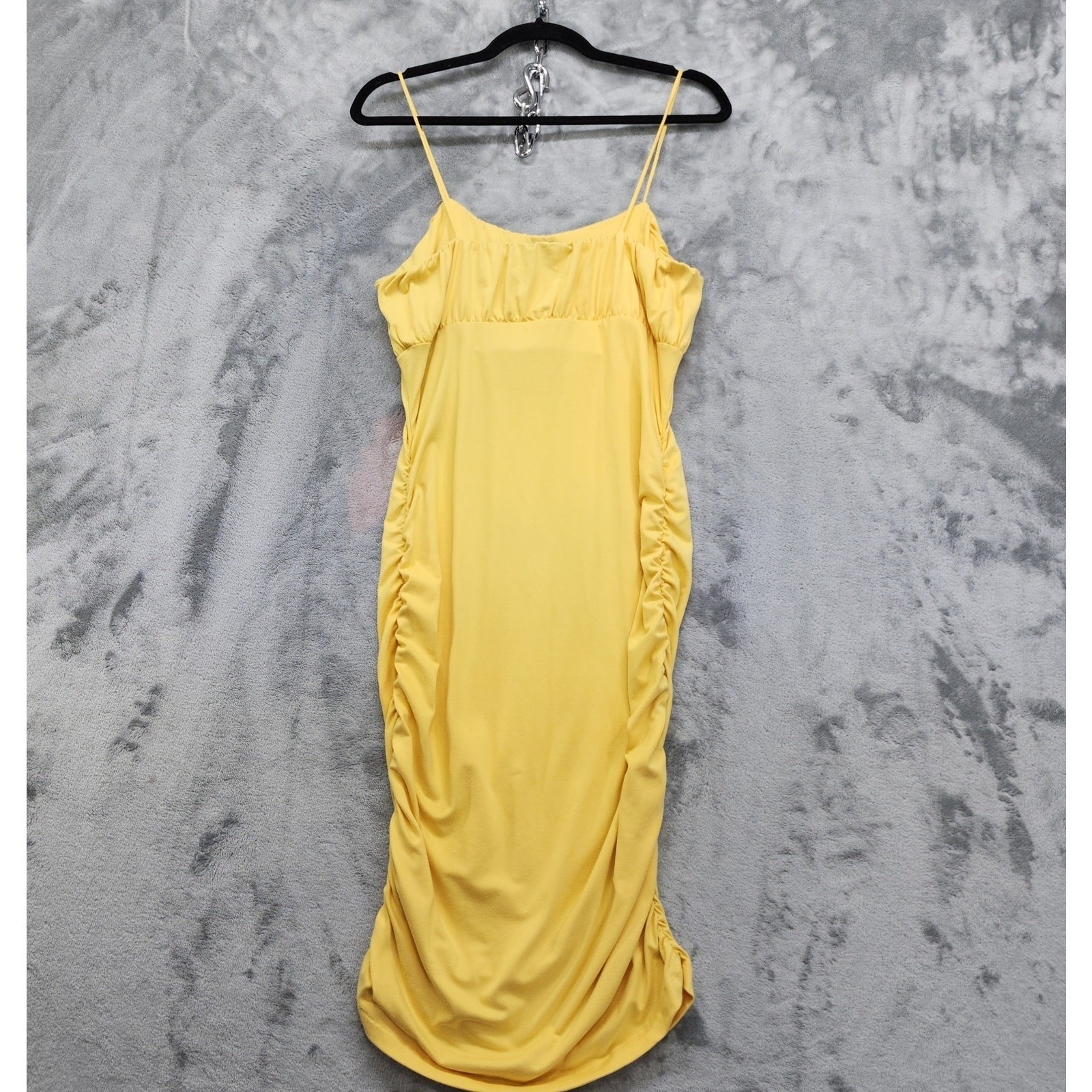 Rue 21 Dress Size L Yellow Spaghetti Straps Side Ruched Bodycon Midi Stretch