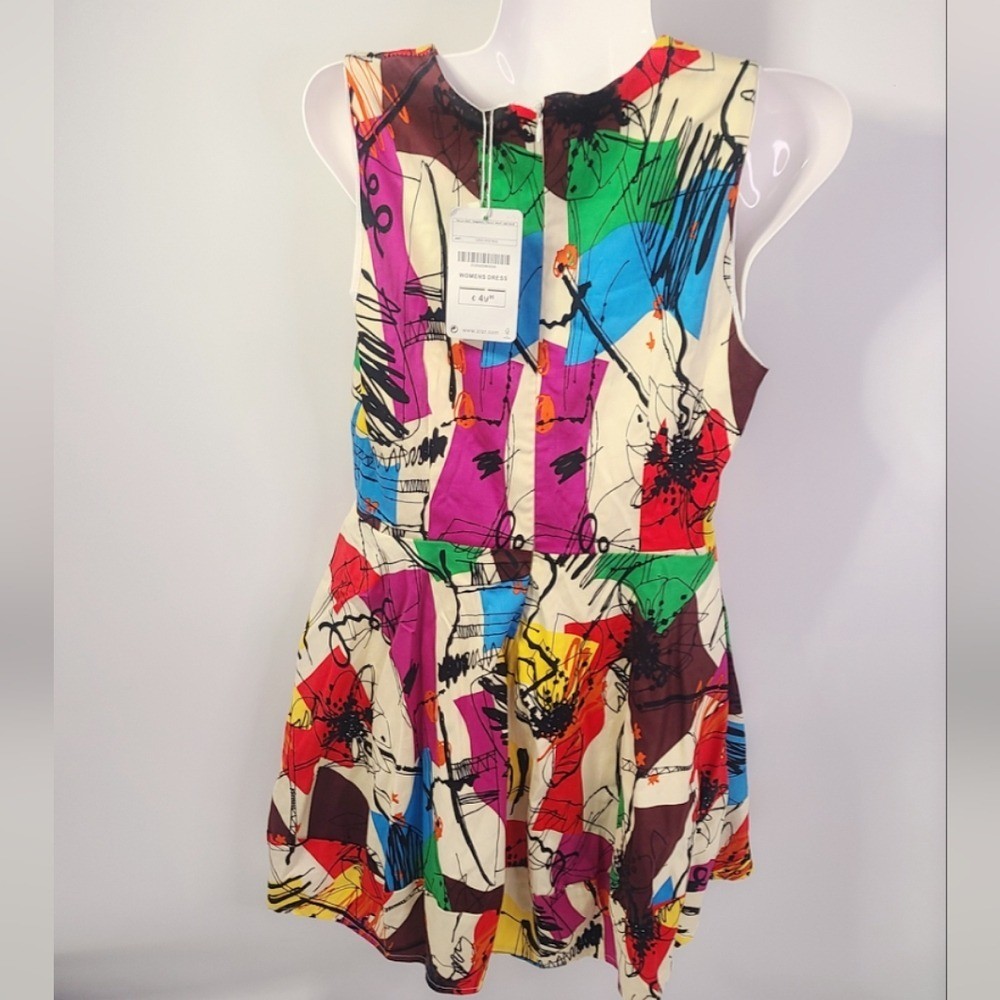 ZR&ZR Multicolor white pink red Flare Abstract Print Sleeveless Dress sz large L