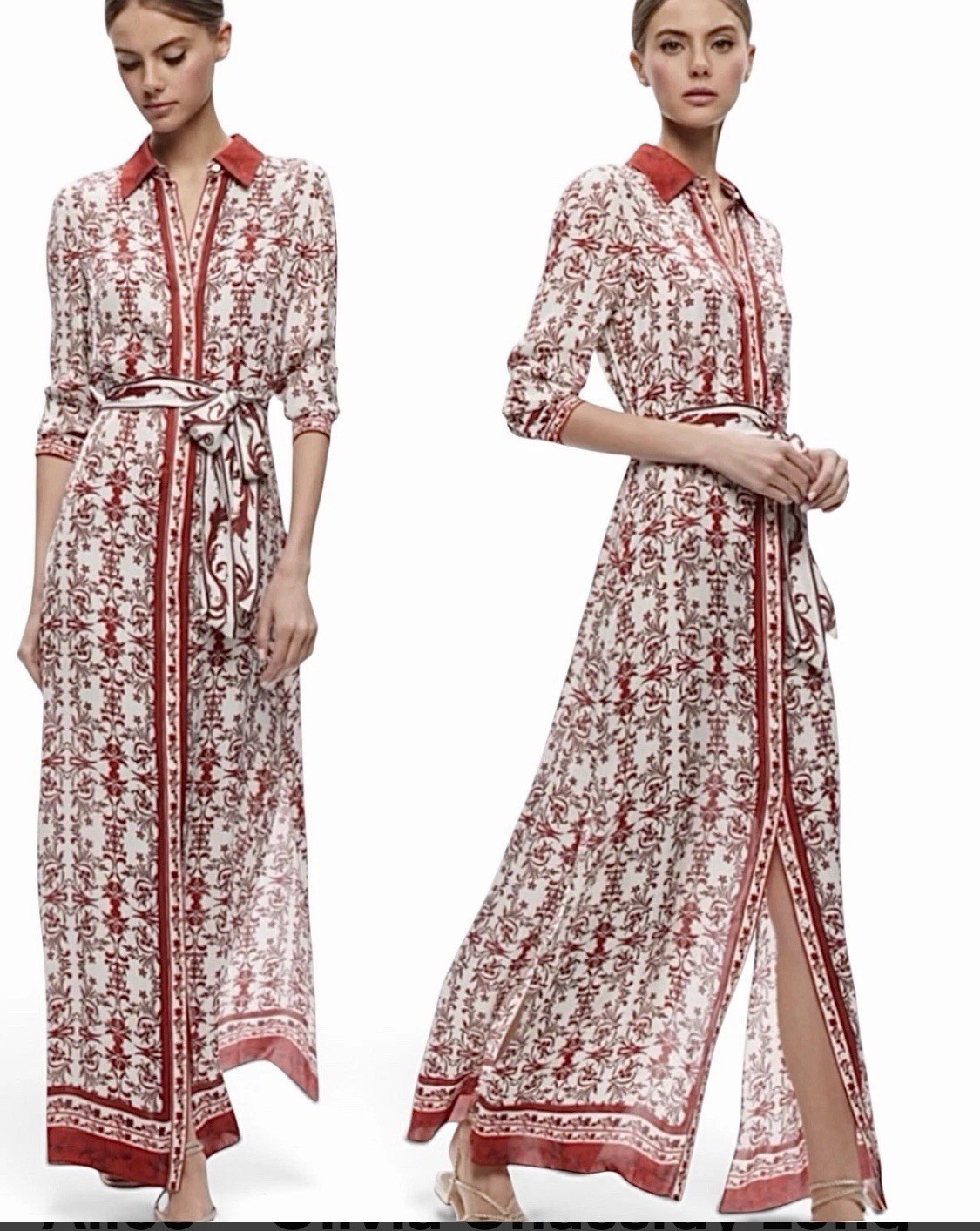 Alice + Olivia Chassidy Long Sleeve Maxi Shirt Dress Sz Large Damask Scarf Print