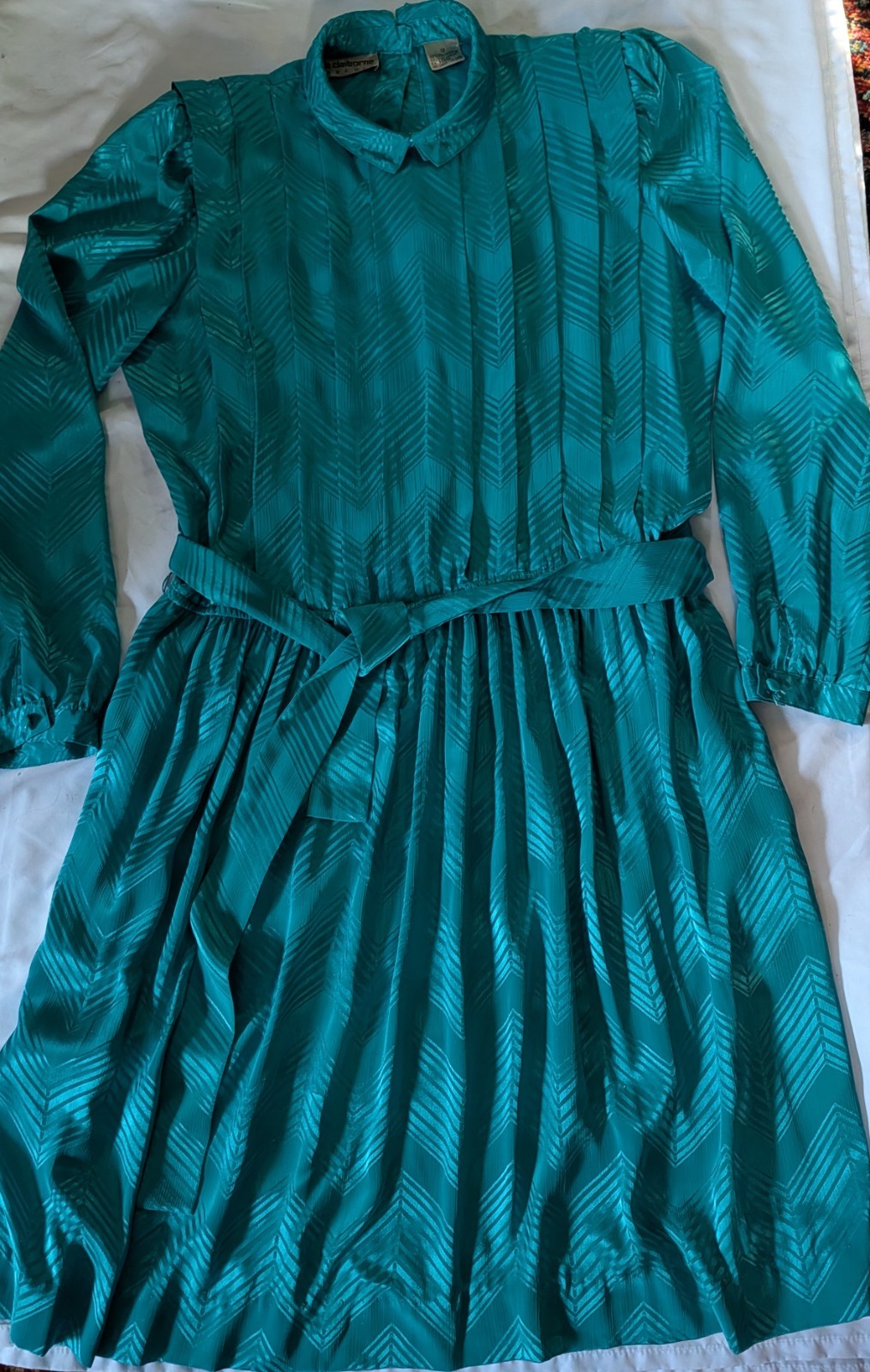 Liz Claiborne VTG Teal Dress Sz 12 Batwing Sleeves Exec Geo Poly Pleated Bodice