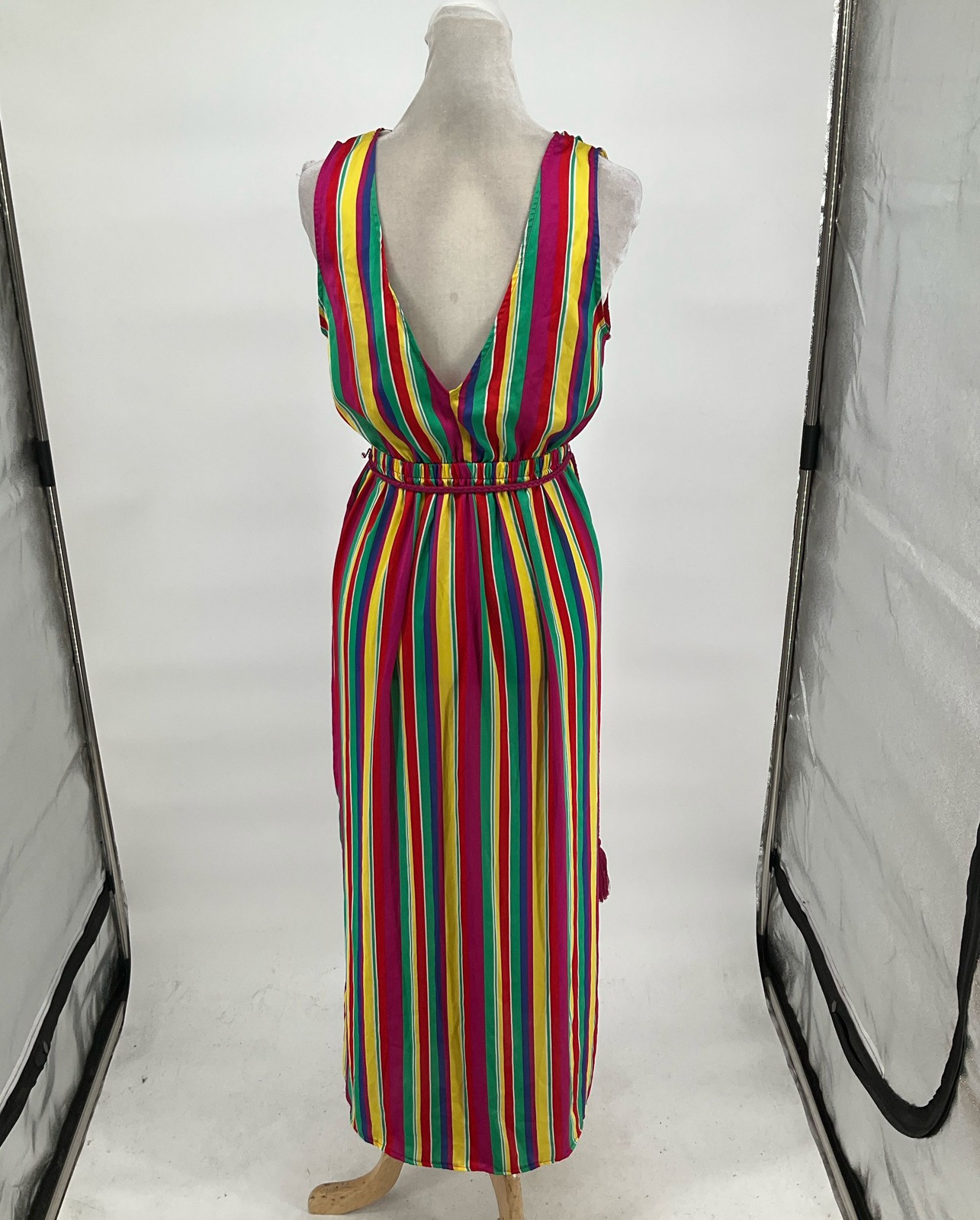 BB Dakota Multicolor Striped V-Neck Keyhole Sleeveless Belted Dress Size S