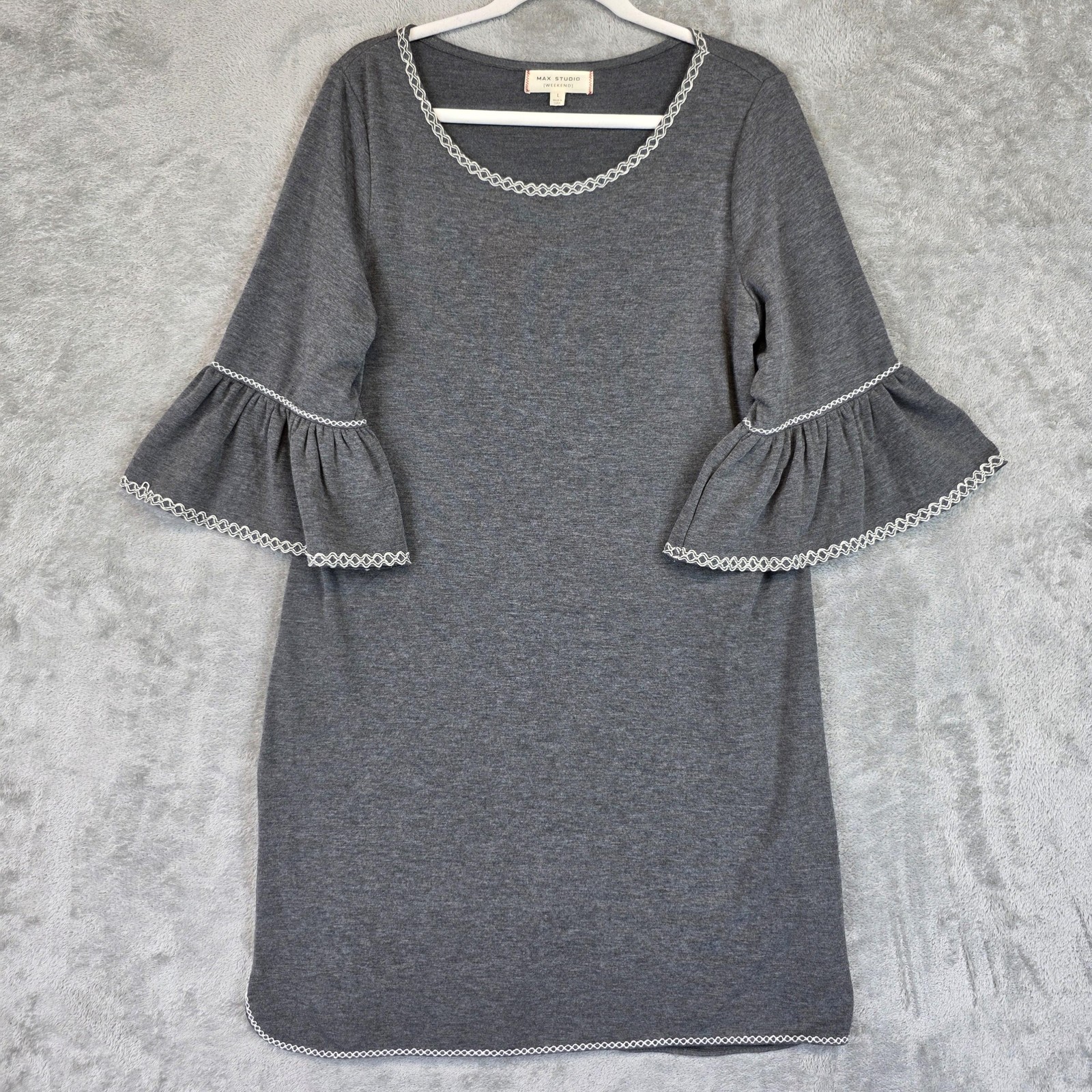 Max Studio Weekend Dress Womens Large Gray Bell Sleeve Shift Ruffle Trim