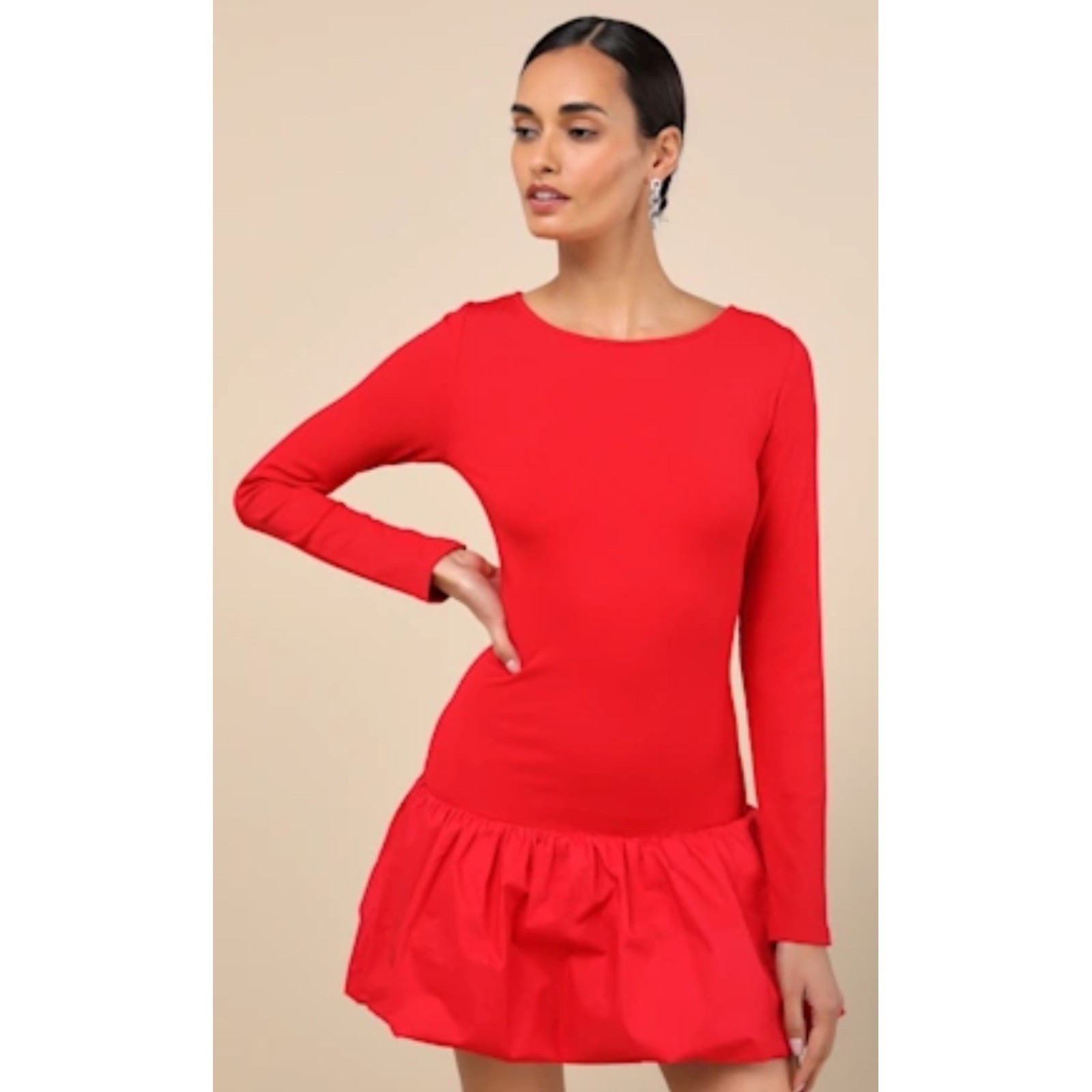 Lulus Red Long Sleeve Drop Waist Mini Dress Bubble Hem Ribbed Knit Large NWT