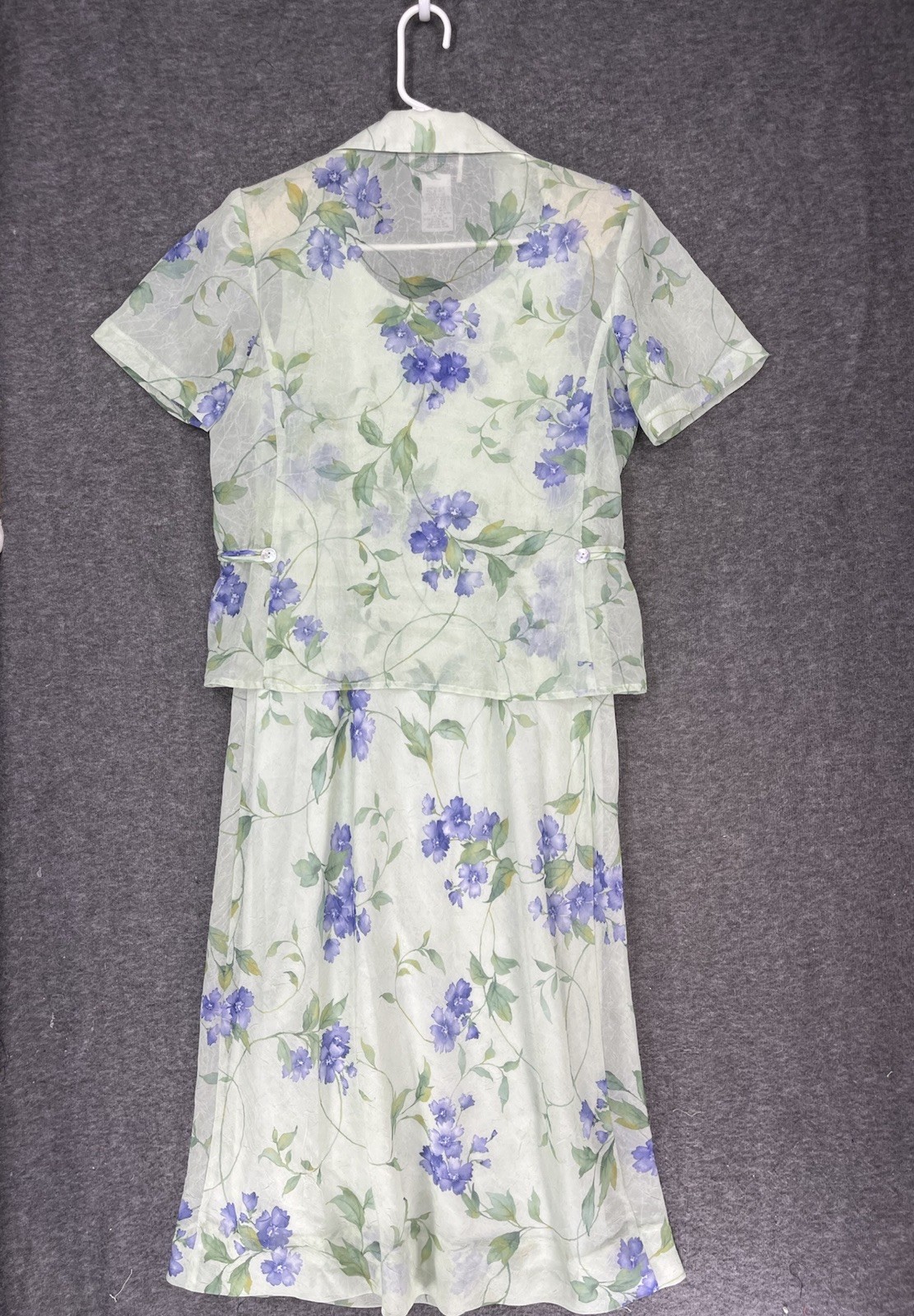 Vintage Karin Stevens Midi Dress & Jacket Set Size 8 Green Floral Sheer Lined