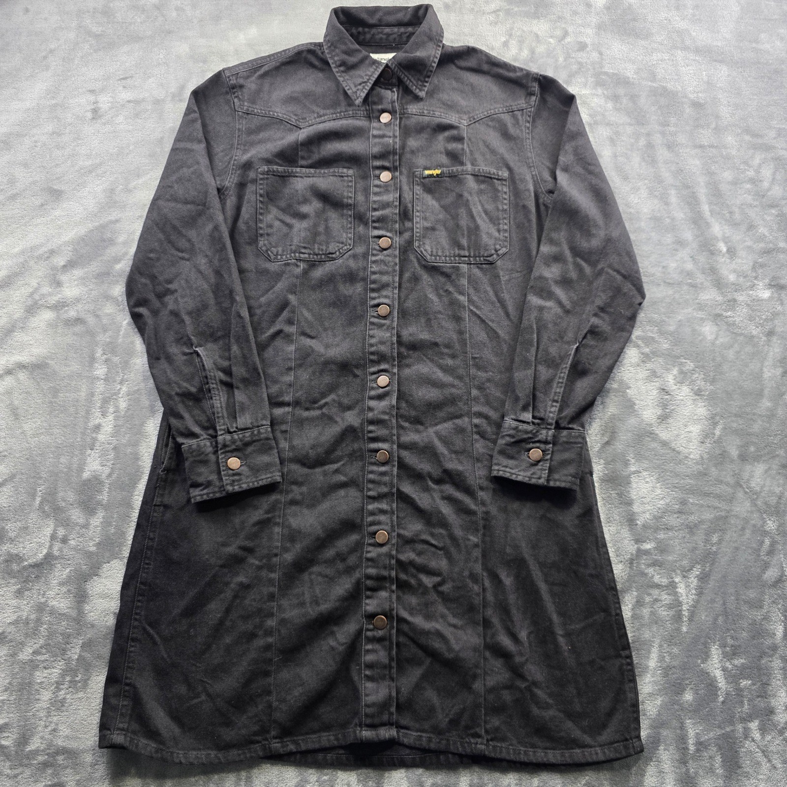 Wrangler Denim Shirt Dress Small Black Womens Western Snap Front Cotton Midi