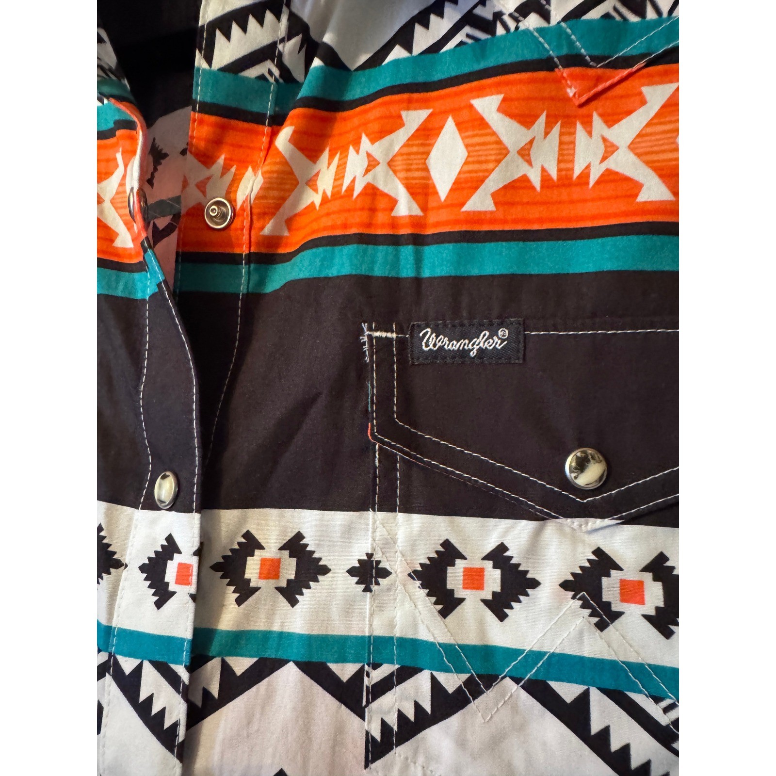 Wrangler Retro Southwestern Snap Front Western Shirt Dress Orange Teal L