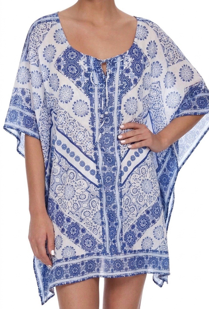 Camilla Franks Beach House Round Neck Short Lace Up Kaftan Dress OSFA NWT