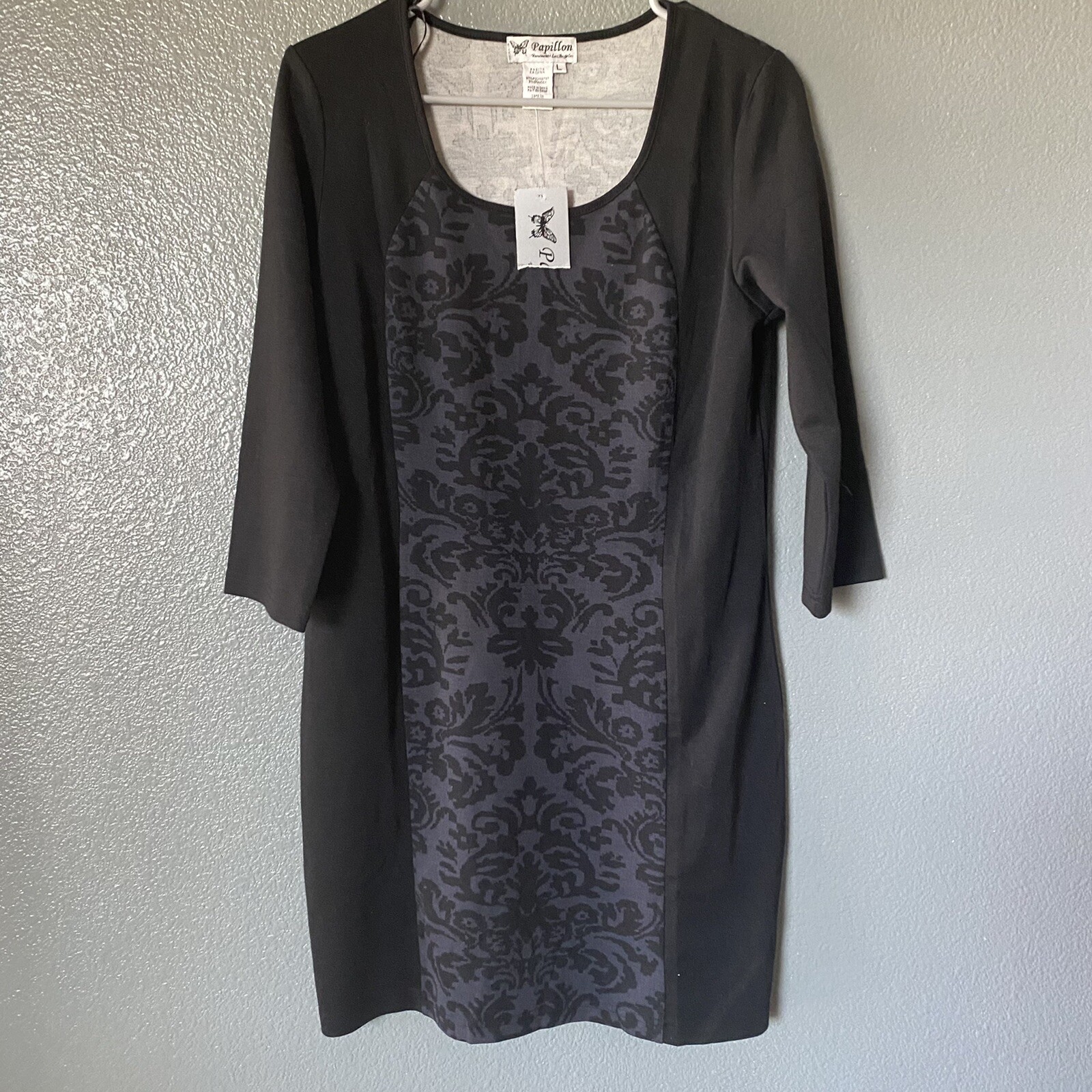 NEW Papillon Nordstrom L Soft Knit Shift Dress Black Gray Round Neck Pullover