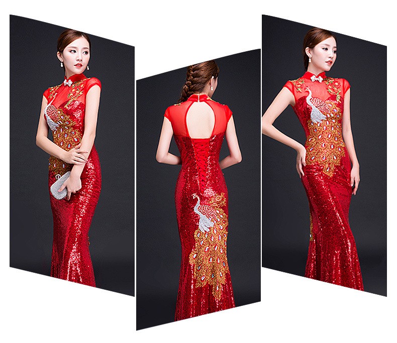 Womens Sequin Peacock Embroidery Gown Cheongsam Formal Stage Evening Qipao Dress
