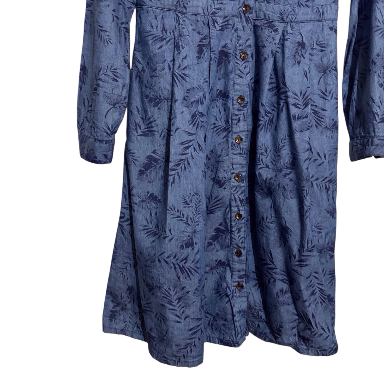 ModCloth Medium Blue Chambray Tropical Leaf Shirt Dress Cotton Button Up Pockets
