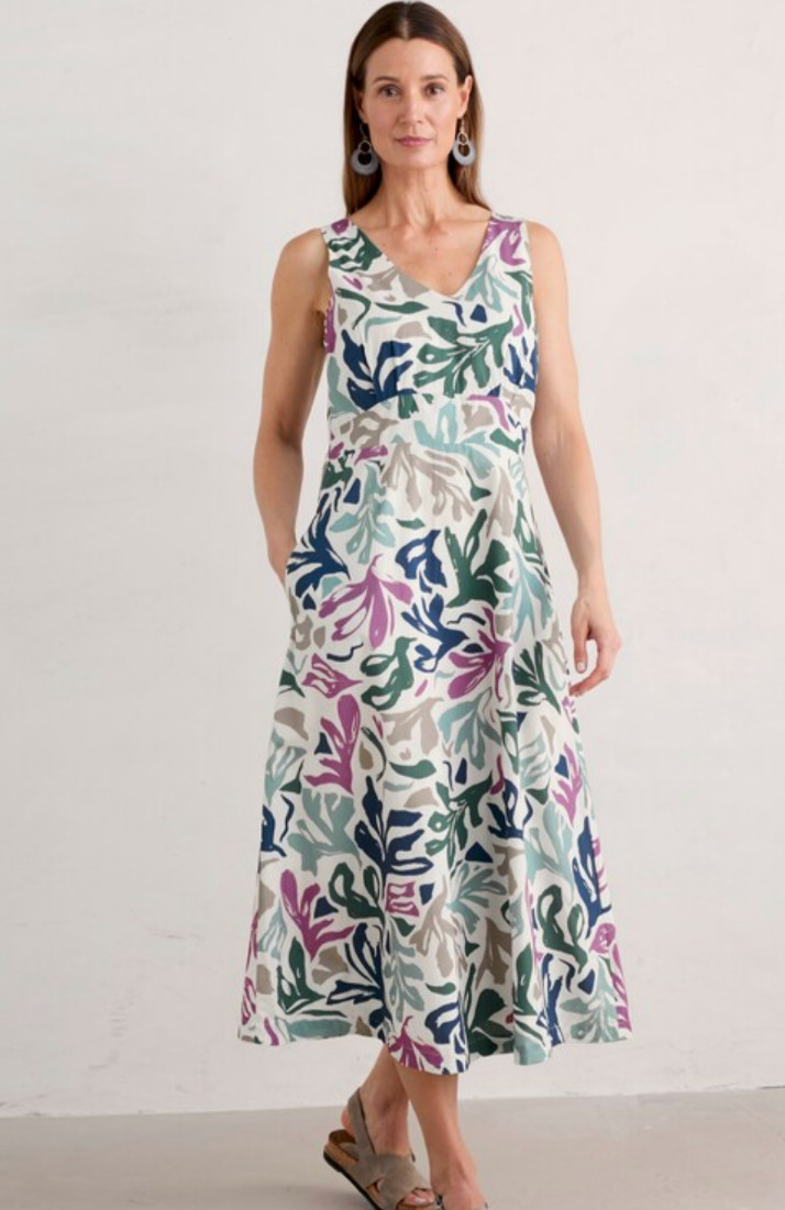 SEASALT Midi Dress Sky Beyond White Leaf Print V Neck Size 8 10 12 & 14 Pockets