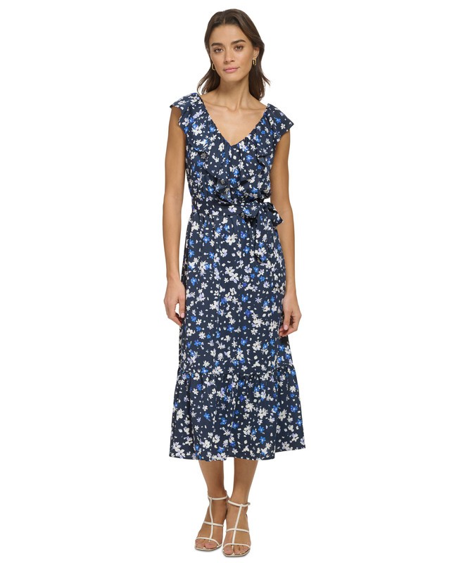 DKNY Women’s Ruffled Floral-Print Tie-Waist Midi Dress (Navy/Marine Multi, 8)