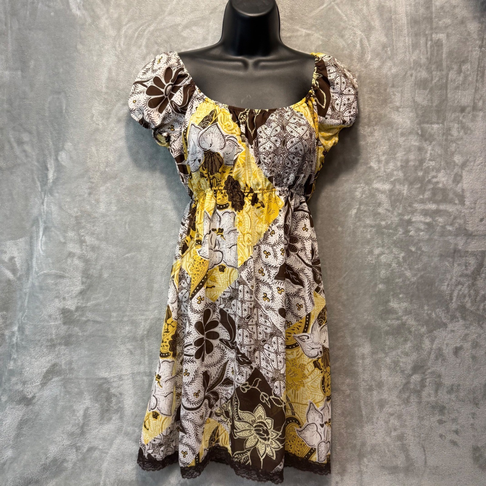 Speechless Womens Brown Yellow Floral Patchwork Mini Dress Lace Trim Size S