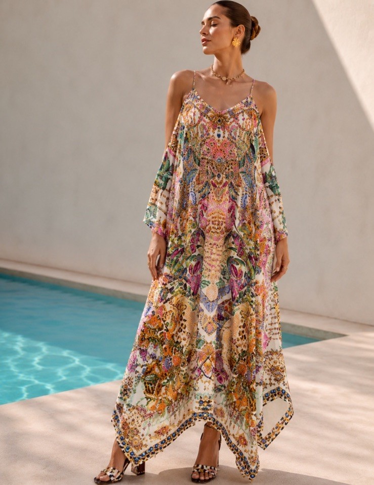 Camilla Shoestring Strap Kaftan Flowers Of Neptune Dress One Size Silk Long Pink
