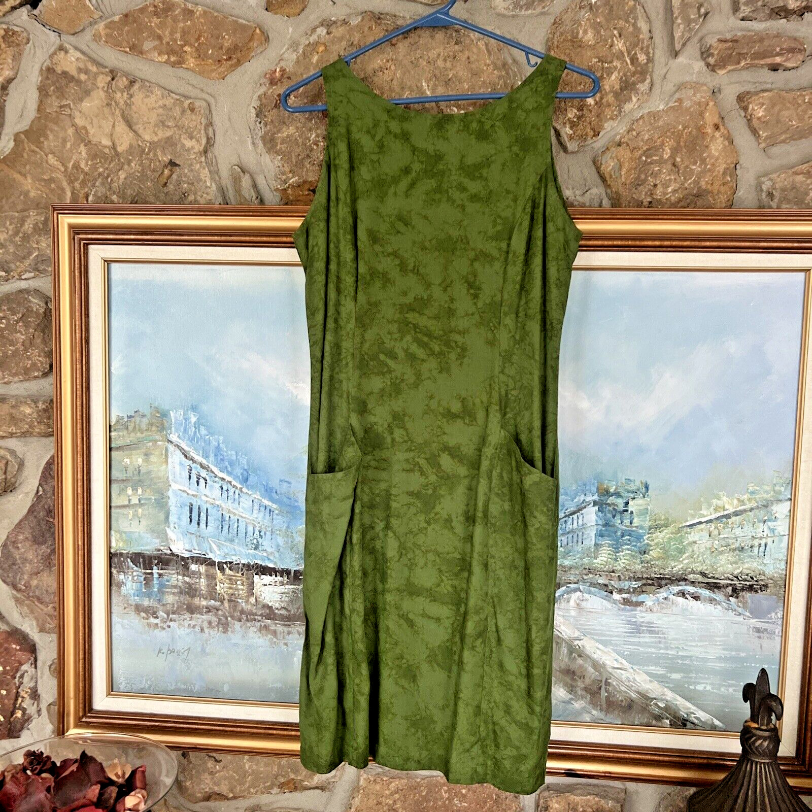 Zion Shift Dress Tone-On-Tone Green Large Front Pockets Sz S Small Excellent 4 6