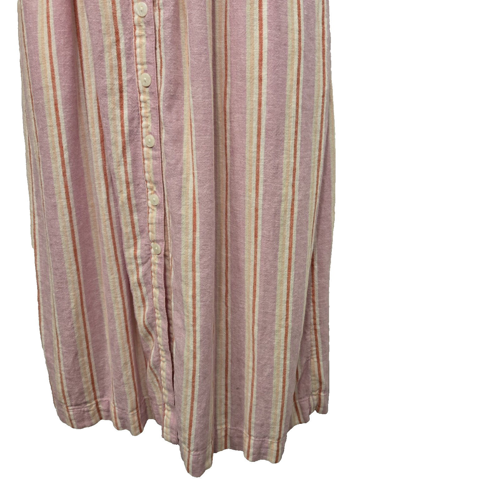 Pink Striped Smocked Linen Blend Midi Dress Tie Shoulder Button Summer Beach S