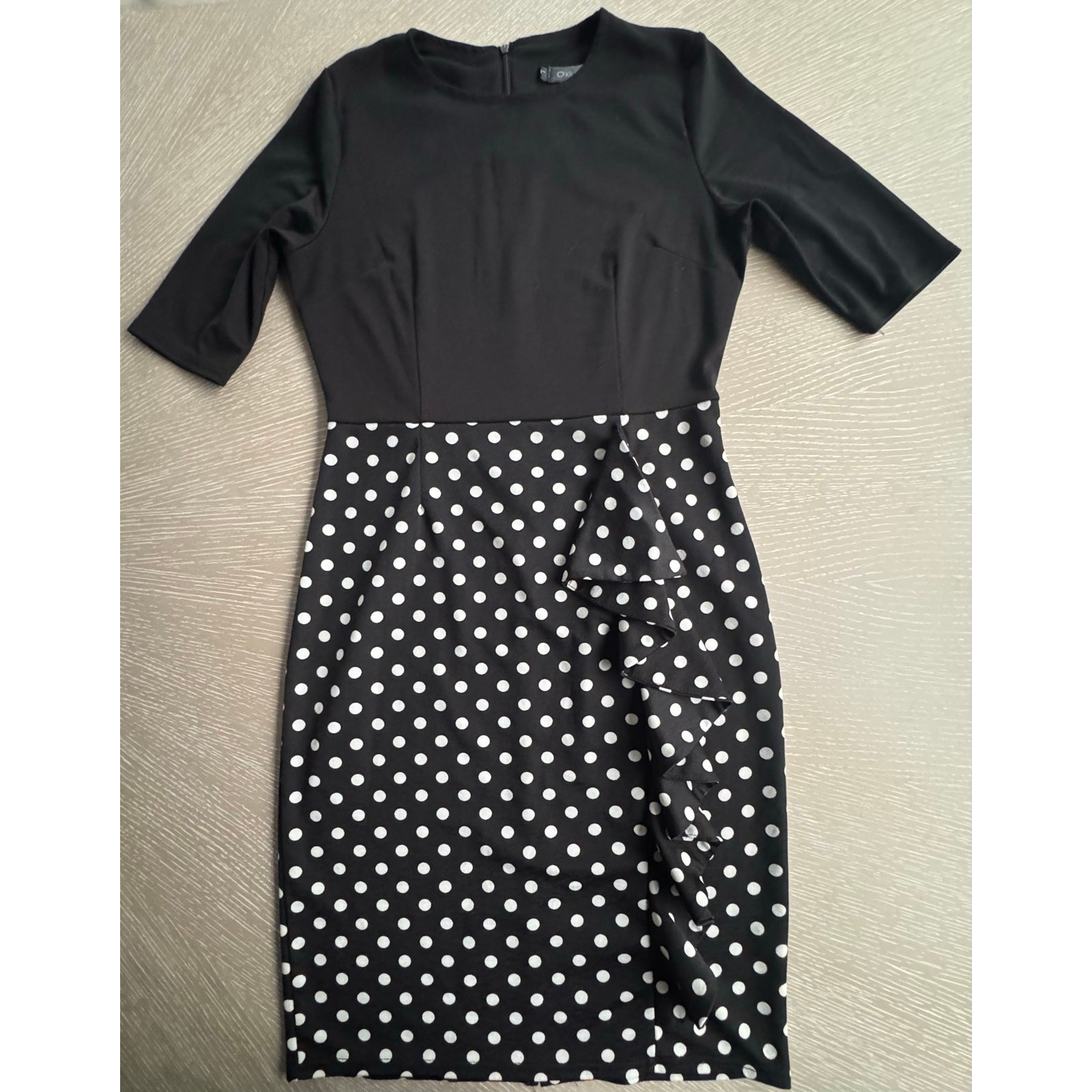 Oxiuly Fashion Black & White Polka Dot Ruffle Colorblock Sheath Dress Size L