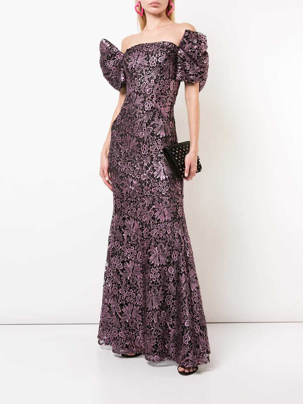 ZAC POSEN Pink Metallic Embroidered Guipure Lace Off Shoulder Bow Maxi Gown 6 S
