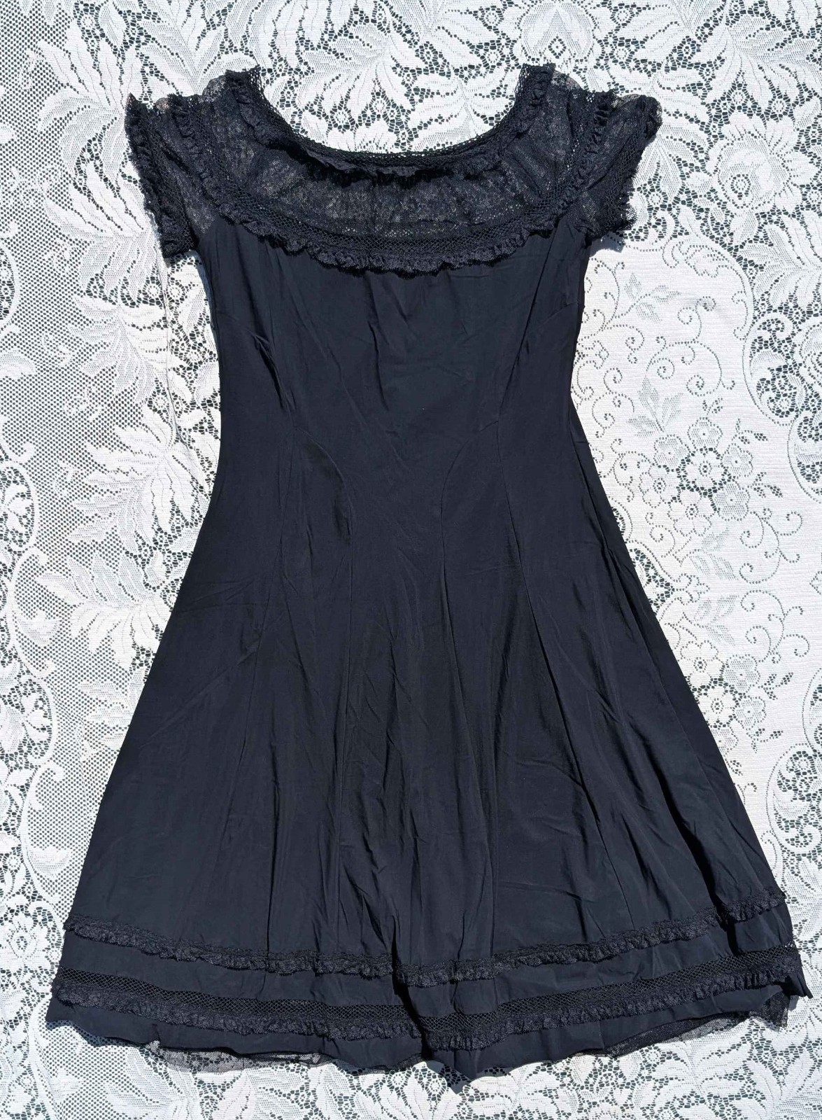 Indies Elegant Gothic Retro Sexy Little Black Lace Net Ruffle Stretch Slip Dress