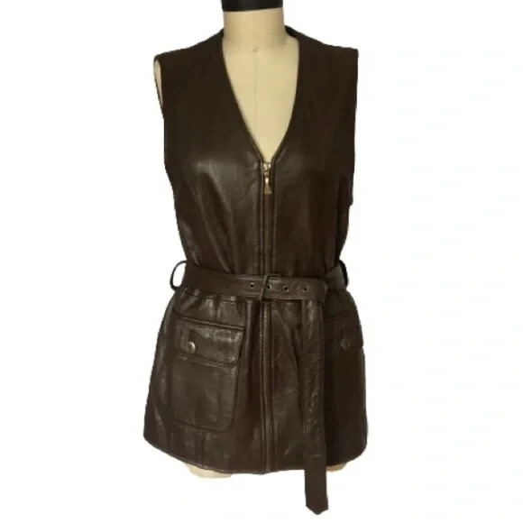 Vintage Leather Vest Mini Dress Otello Pelle Lined With Belt Zip M Long 8 10