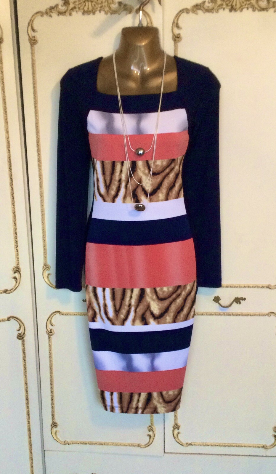 PICADILLY UK 10 / 12 Designer Navy / Coral / Multi Print Dress NWT RRP £159