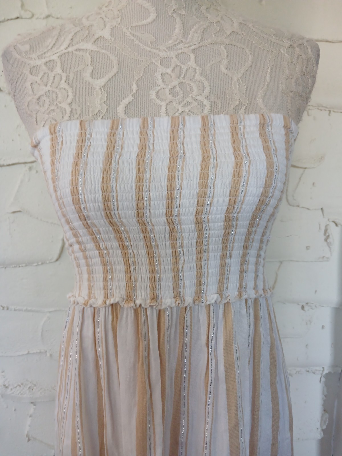 Blue Island Stripe Ruffle Smoked Strapless Boho Mini Dress Size M Fringe Festive