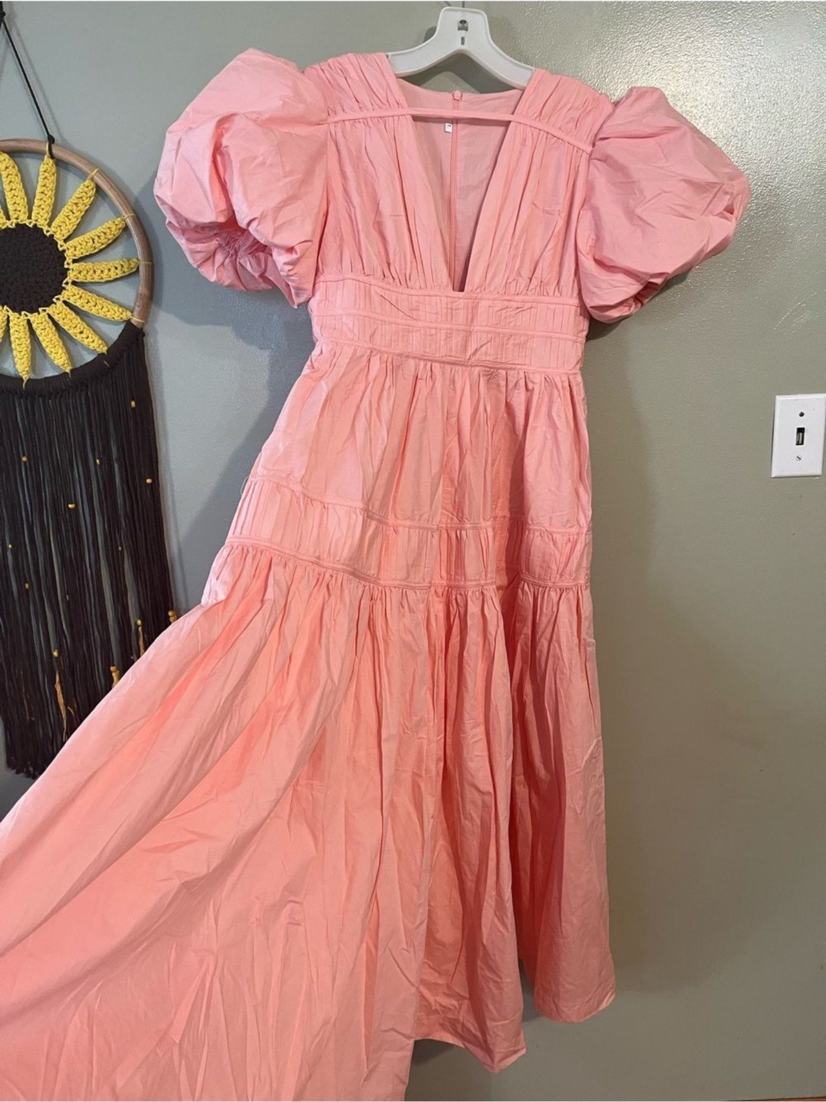 Pink Puff Sleeve Tiered Maxi Sun Dress Cotton Blend Vacation Coastal L