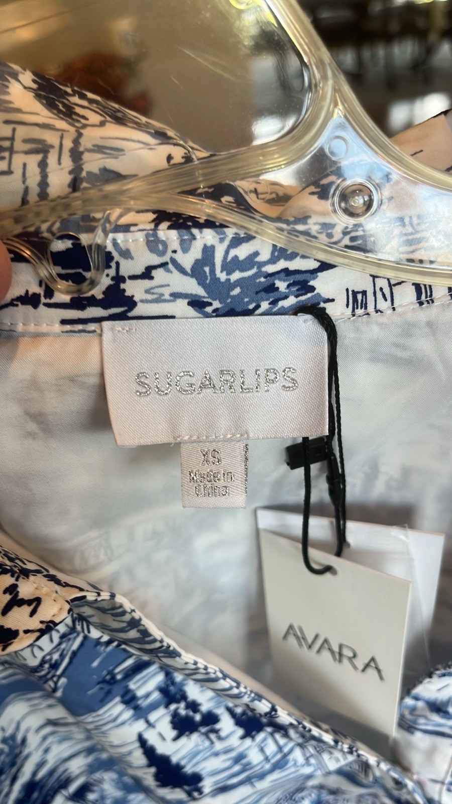Sugarlips White Blue Etchings Collared Puff Sleeve Mini Ruffle Hem Puff Sleeve