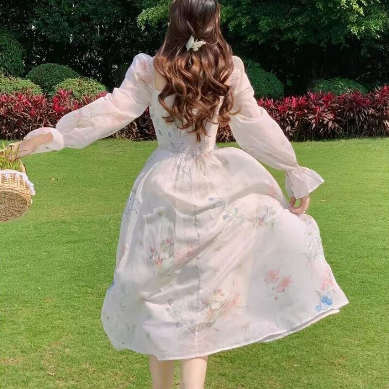 Womens Elegant Square Neck Long Sleeves Slim Fashion Floral Print Chiffon Dress