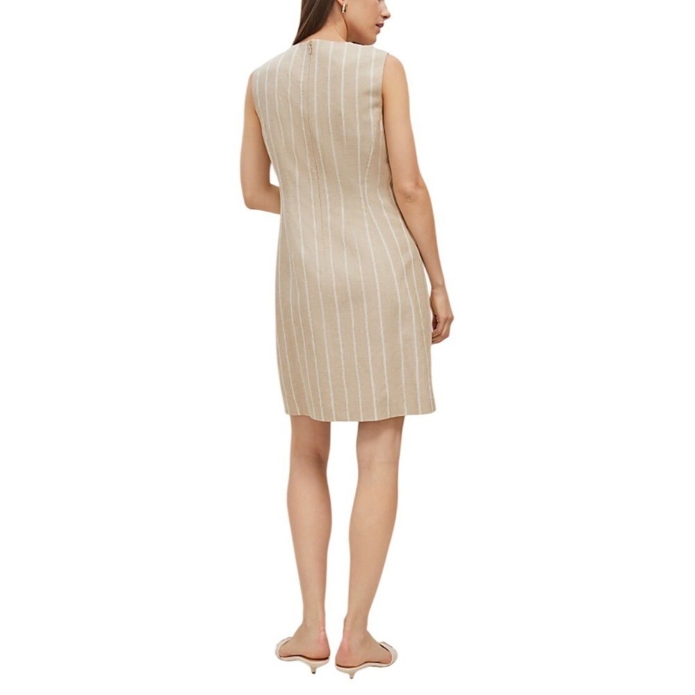 Ann Taylor Tan Striped Linen Blend Button Front Shift Dress 8P Womens Petite