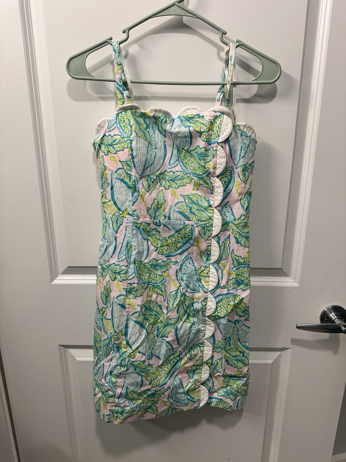 Lilly Pulitzer Scalloped Dress Size 2 Pink Green Citrus Lemon Print Smocked Back