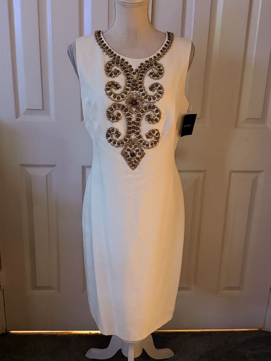 Ellen Tracy White Sleeveless Sheath Dress with Gold Beaded Embellishment