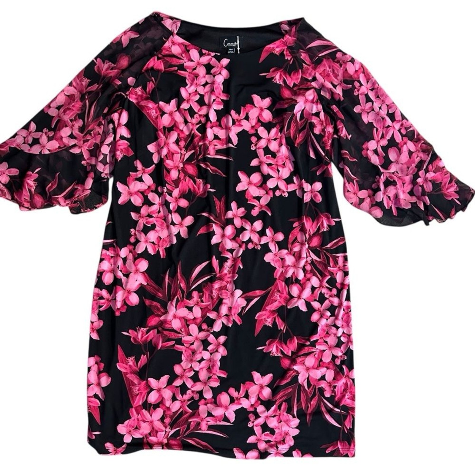Connected Apparel Pink Floral Dress with Sheer Overlay Sleeve. Size 18W 24” PTP