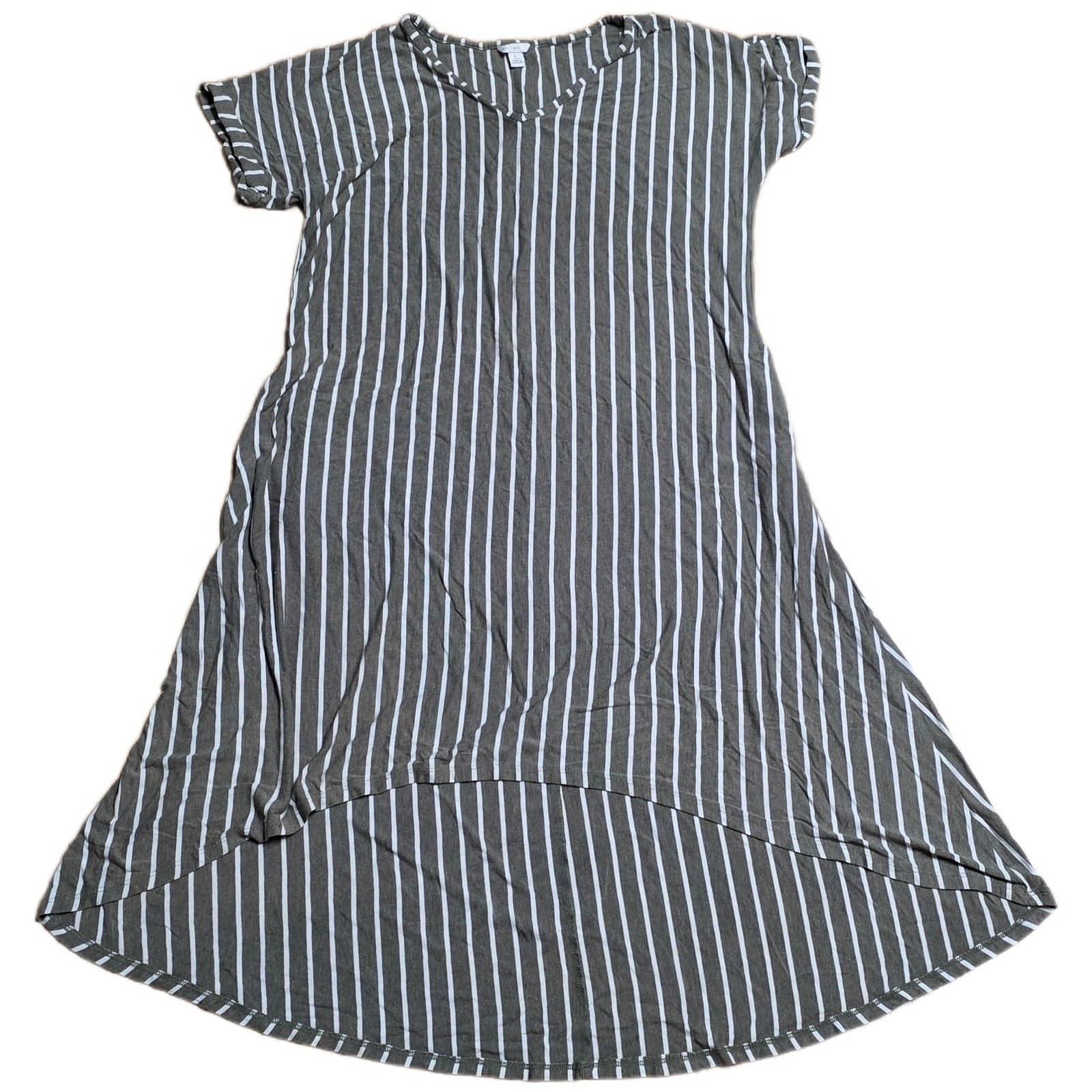 Cato EST 1946 Stripe V Neck Midi Dress Women’s Size L Olive White High Low