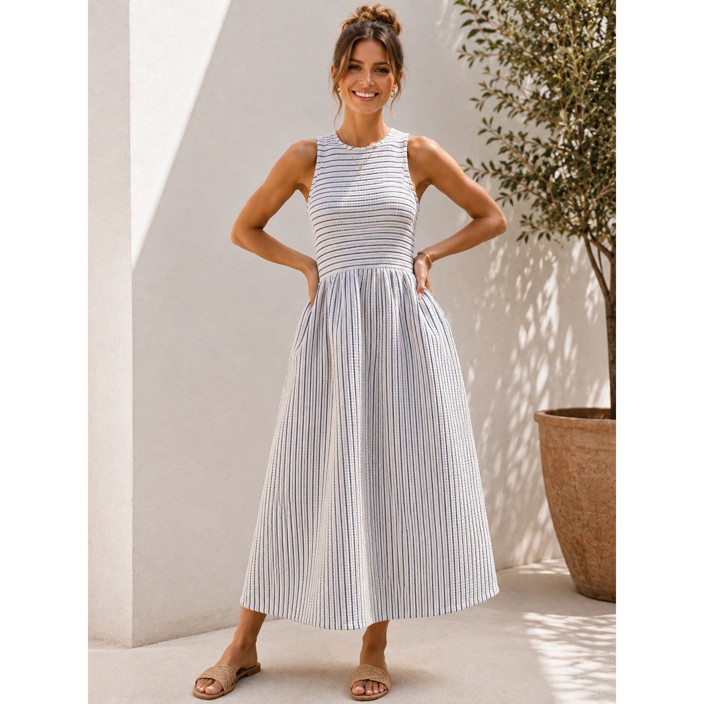 dRA Los Angeles Striped Rib Knit Midi Dress Large L Blue White Pockets Coastal