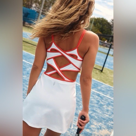 Free People One More Serve Tennis Mini A Line Dress White Red Cross Back M