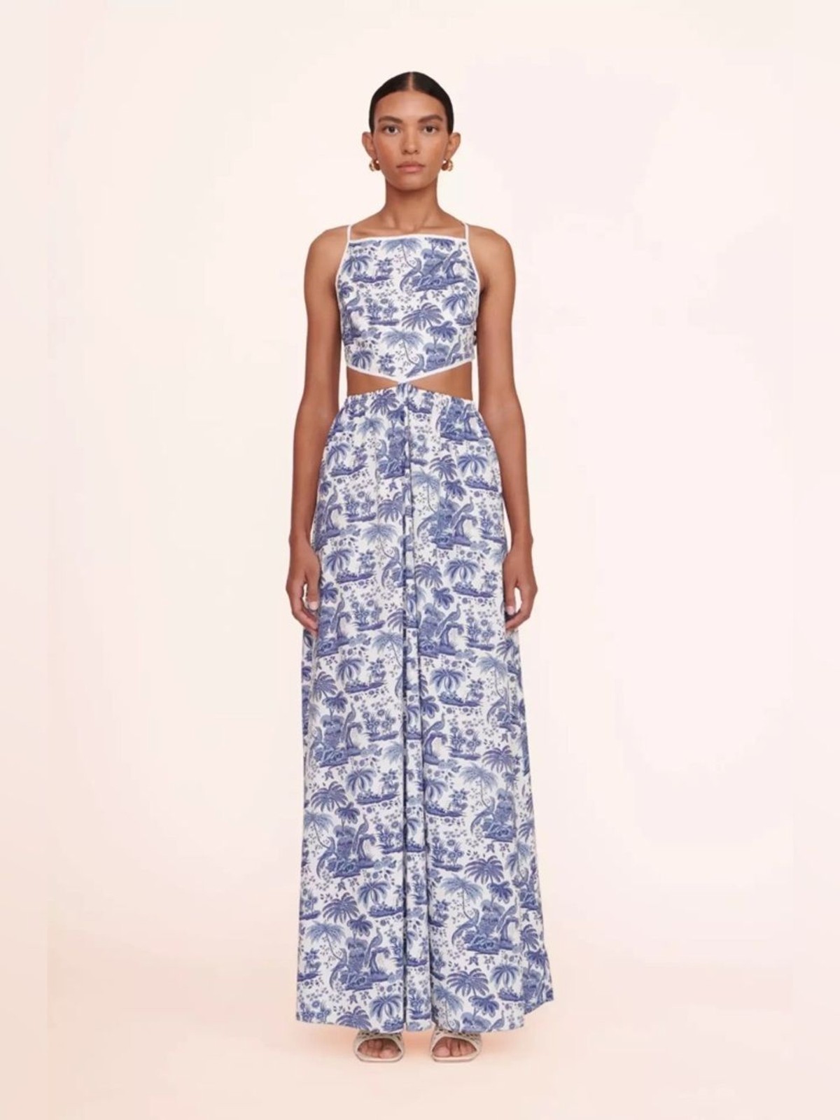 Staud Myla Halter Cutout Printed Cotton-Blend Poplin Maxi Dress in Blue Toile XS