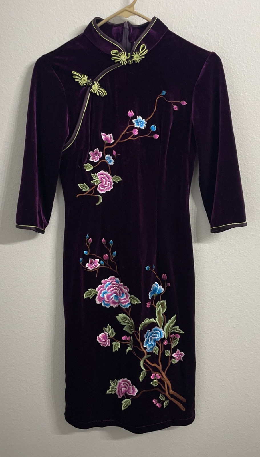Women Floral Velvet Cheongsam Chinese Style Embroidery Slim Fit Qipao Dress SZ S