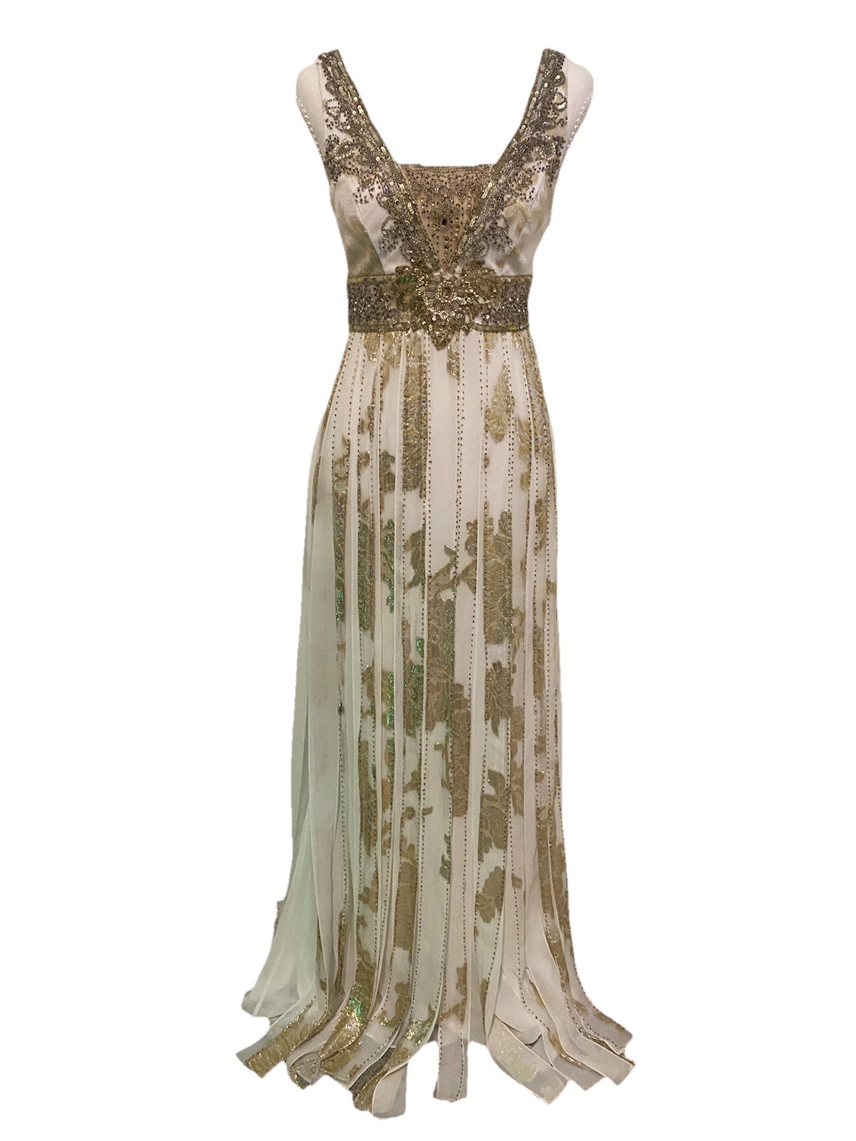 Sue Wong Nocturne White/Gold Beaded Sequin Fringe Bride Y2K Maxi Dress Gown 2
