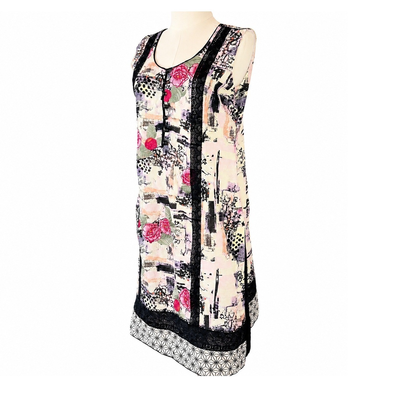 Mixed Media Floral Dress Multi Lace Peasant Trim Artsy Lagenlook