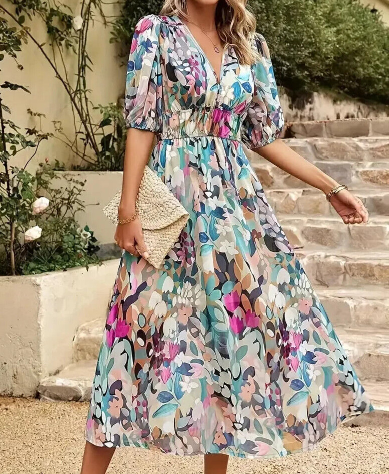 Womens Woven Multicolor Abstract Print Elbow Sleeve V Neck Midi Dress Size L