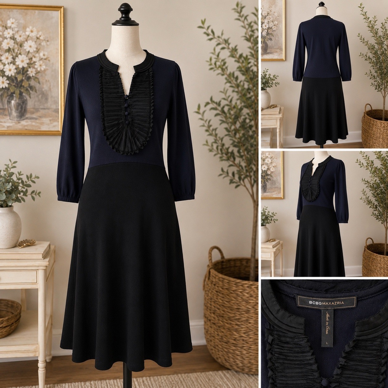 BCBGMAXAZRIA Navy Blue Black Silk Blend Ruffle Bib Knit Dress Large RN80734