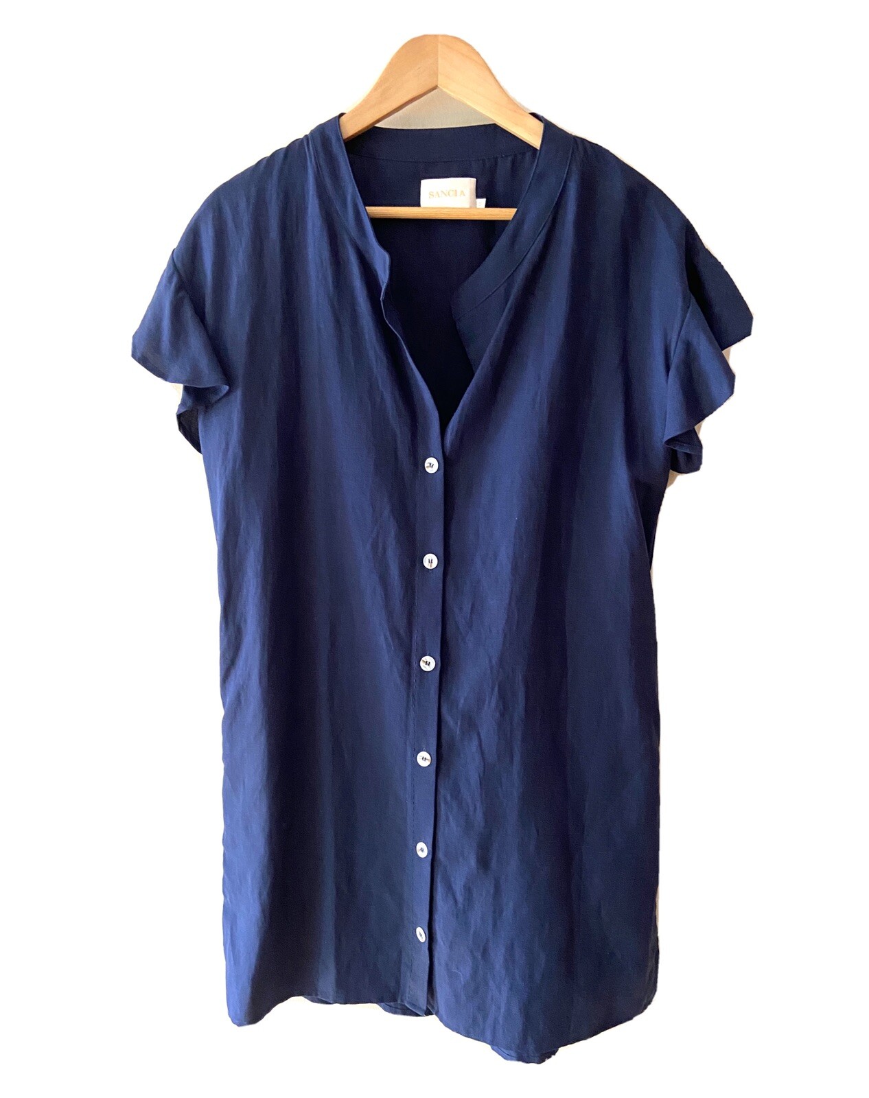 SANCIA Dress Tunic Beach Cover M Navy Blue Linen Tencel EUC Flutter Slve Pockets