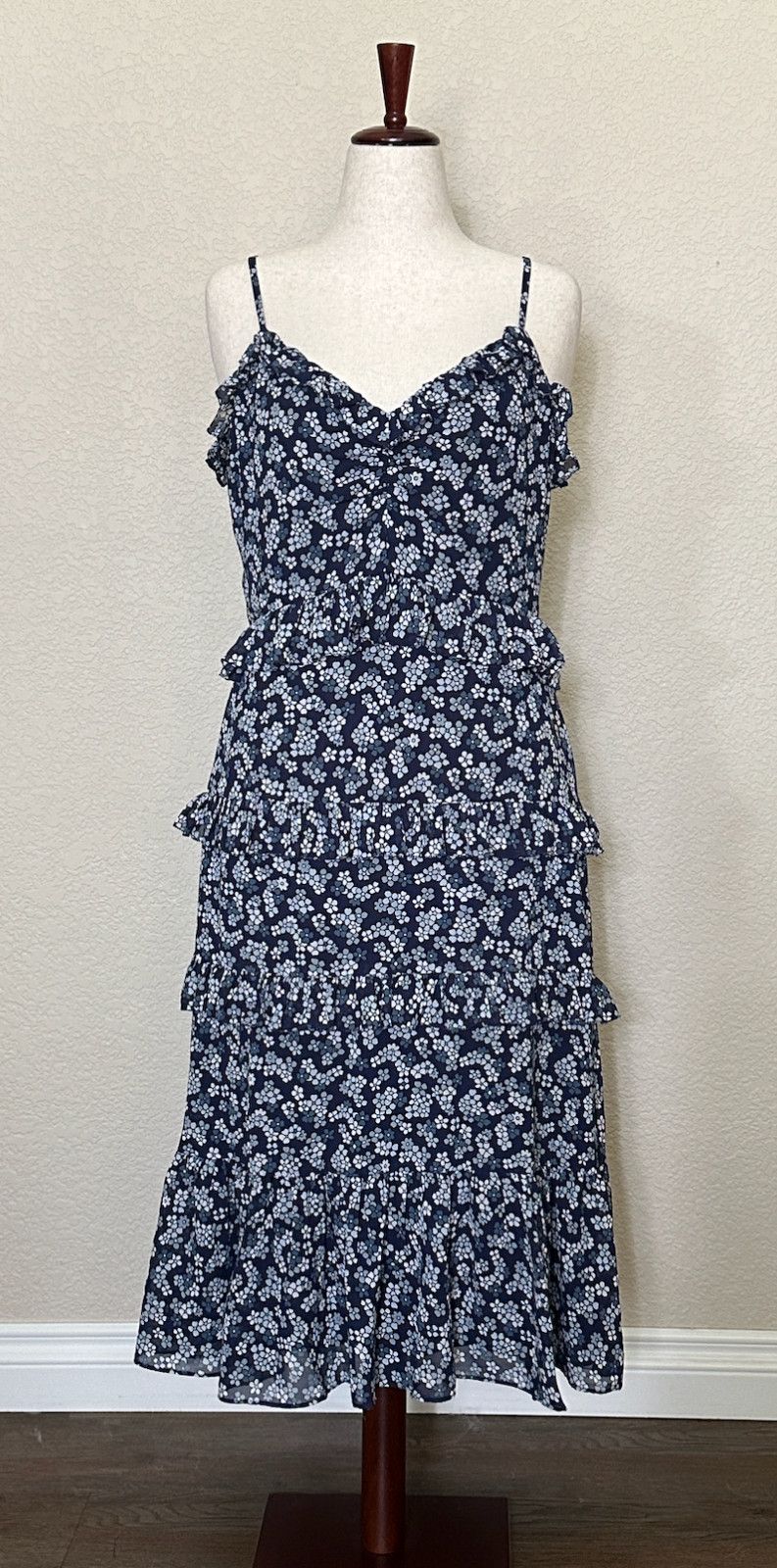 Michael Kors Floral Tiered Midi Dress Size L NWT Navy Blue Ruffle Chiffon Lined