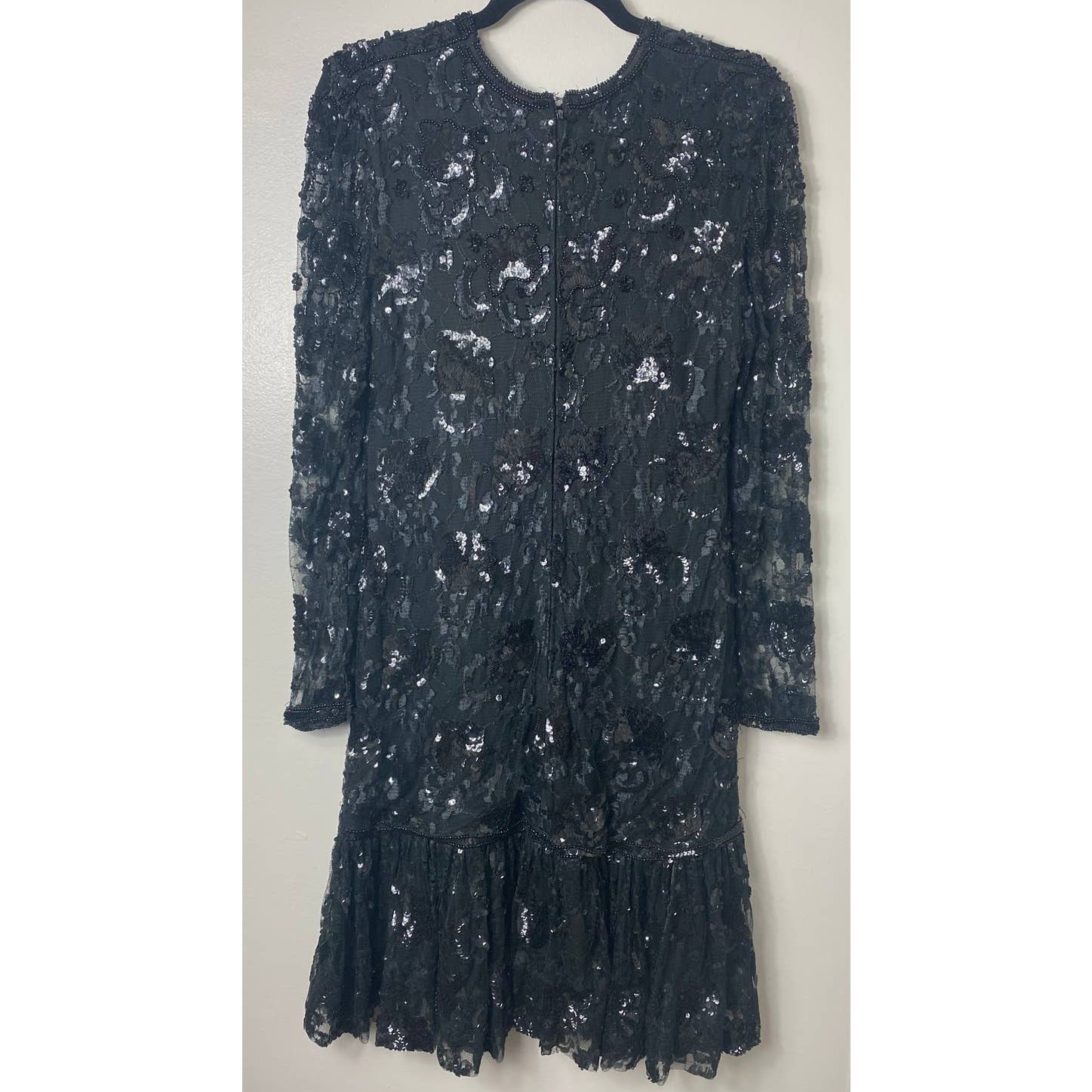 VINTAGE JUDITH ANN DRESS M BLACK SEQUIN BEADED TIERED RUFFLE SHEER MESH LACE