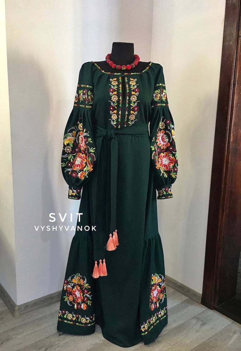Embroidered Maxi Dress – Ukrainian Vyshyvanka, Bohemian Linen Caftan Custom Clot